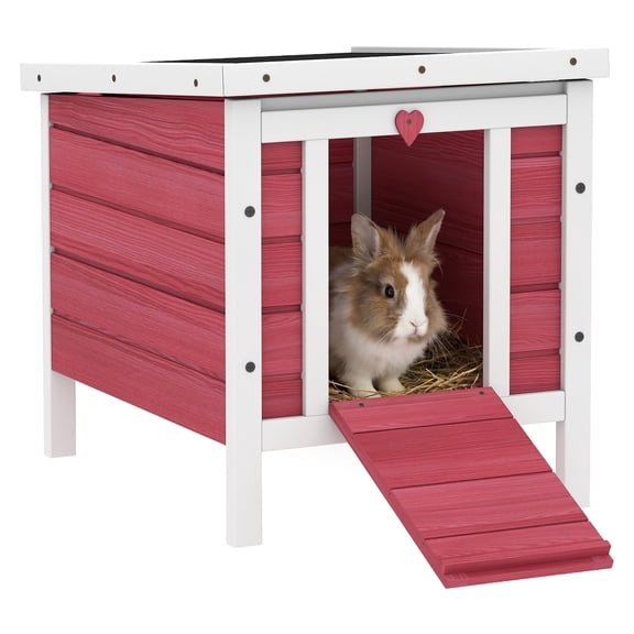 Wooden Rabbit Hutch Bunny Cage - Red Small Animal House for Rabbits, Guinea Pigs, Ducks, Chickens - Waterproof Roof & Ramp