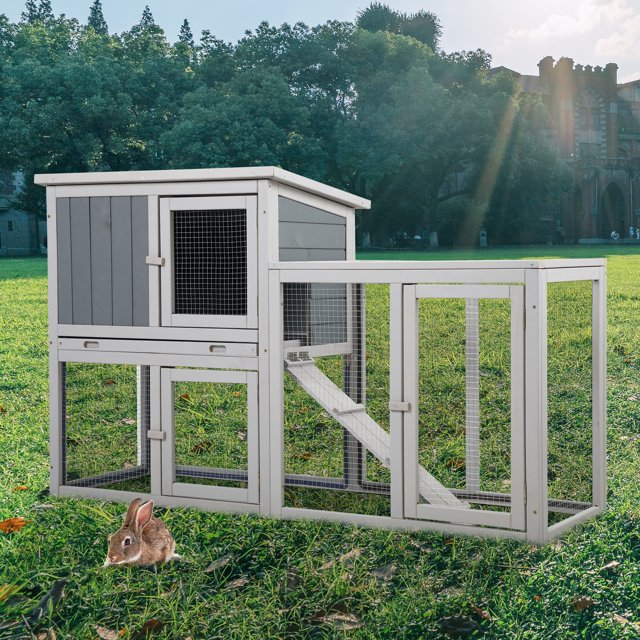 COZIWOW 36" Wood Rabbit Hutch – 2-Tier Gray Cage With Removable Tray & Roof, Indoor/Outdoor