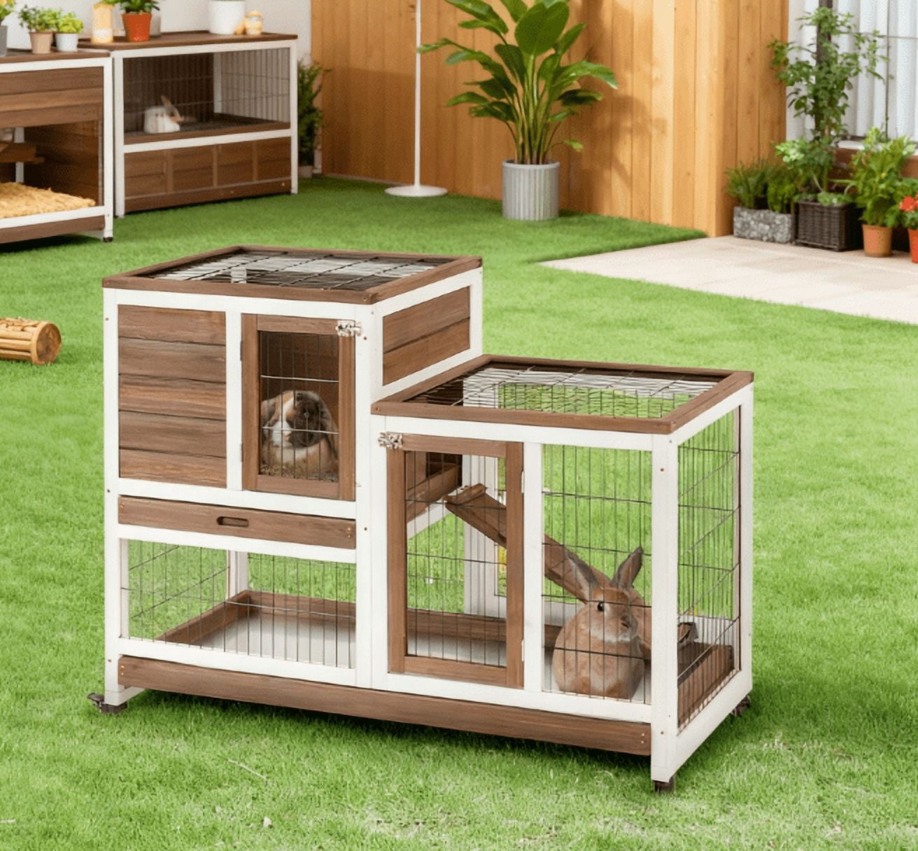 Wooden Rabbit Hutch Elevated Bunny Cage Indoor with Enclosed Run with Wheels, Ramp, Removable Tray , Brown