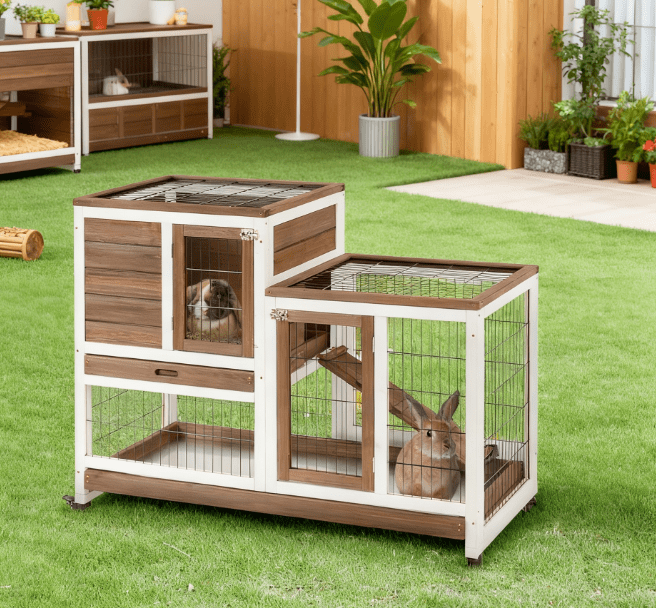 Wooden Rabbit Hutch Elevated Bunny Cage Indoor with Enclosed Run with Wheels, Ramp, Removable Tray, Brown