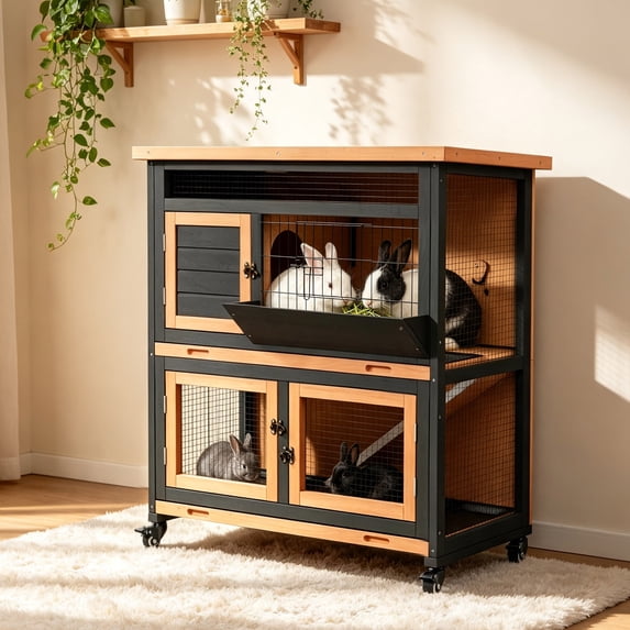 Wooden Rabbit Hutch Indoor Outdoor Rabbit Cage with Two Removable Trays Bunny Cage on Wheels Guinea Pig Cage 2 Story