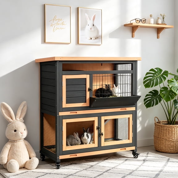 Wooden Rabbit Hutch Indoor Outdoor Rabbit Cage with Two Removable Trays Bunny Cage on Wheels Pet House 2 Story,Orange