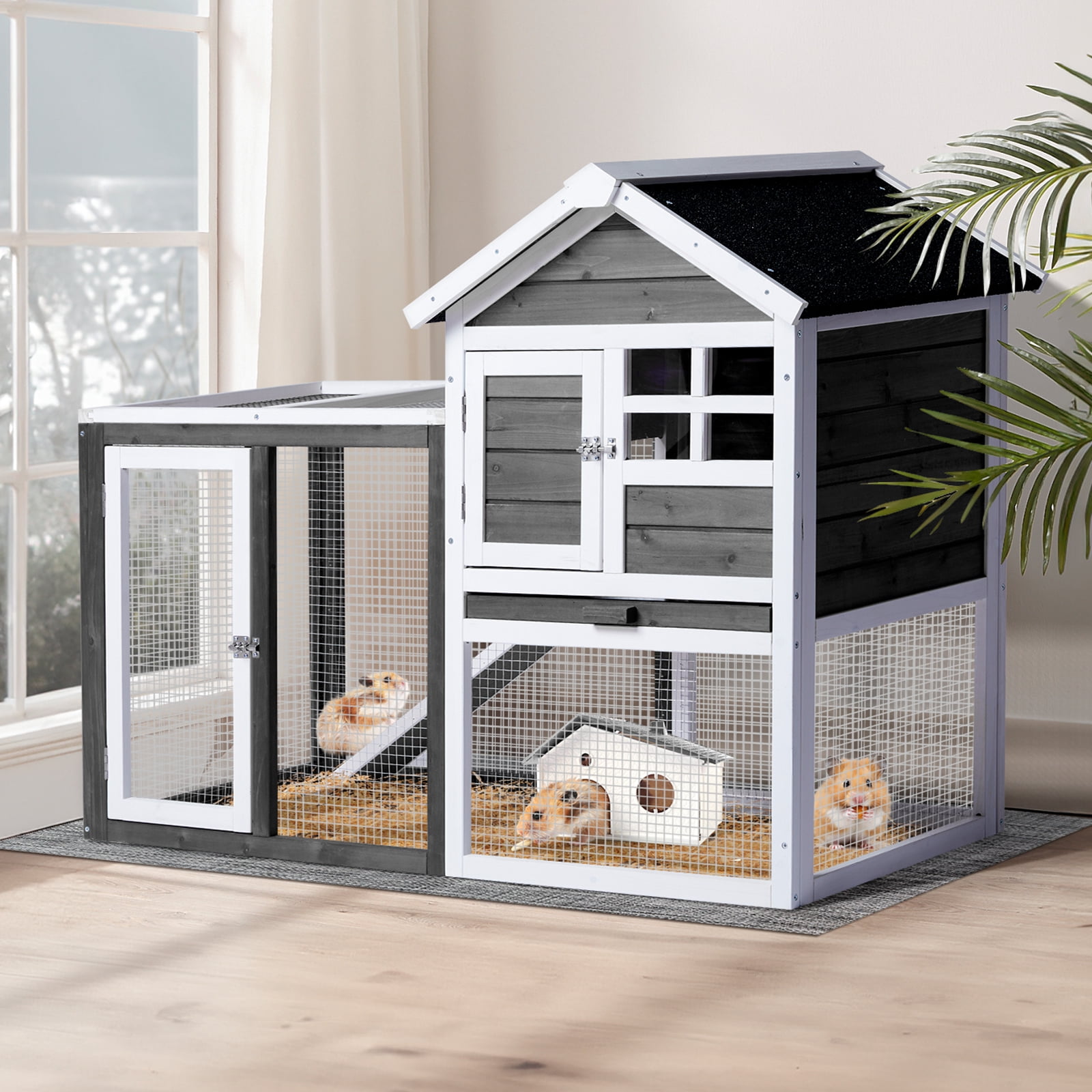 Wooden Rabbit Hutch Outdoor Chicken Coop Indoor Bunny Cage with Run, Guinea Pig House Pet House with Pull Out Upper Tray, Grey