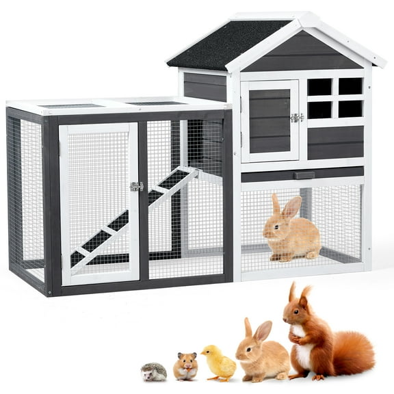 Wooden Rabbit Hutch Outdoor Chicken Coop Indoor Bunny Cage with Run, Guinea Pig House Pet House with Pull Out Upper Tray, Grey