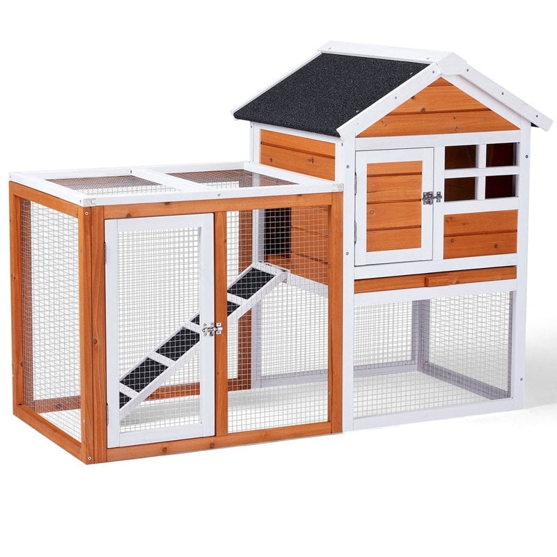 Orange and White Fir Wood Outdoor Chicken Coop Hutch