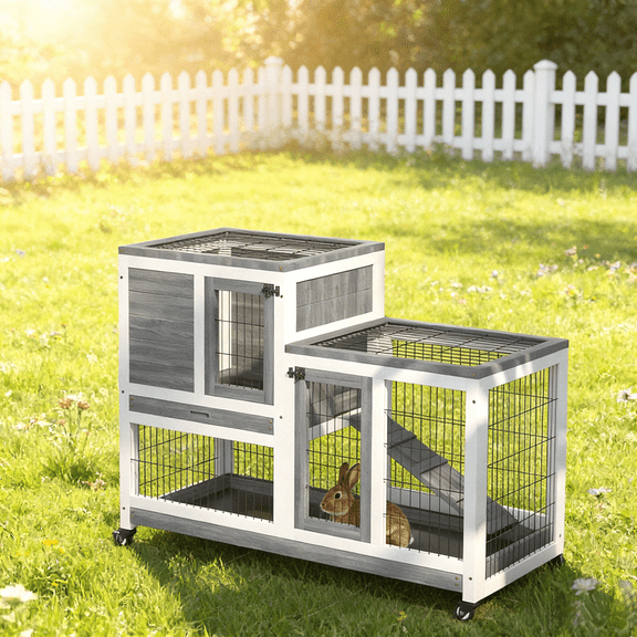 Wooden Rabbit Hutch Small Animal Playpen Cage 43.25" Indoor Bunny House with Wheels Pull-Out Trays Lockable Doors Waterproof Paint for Rabbits Guinea Pigs Ferrets Gray White