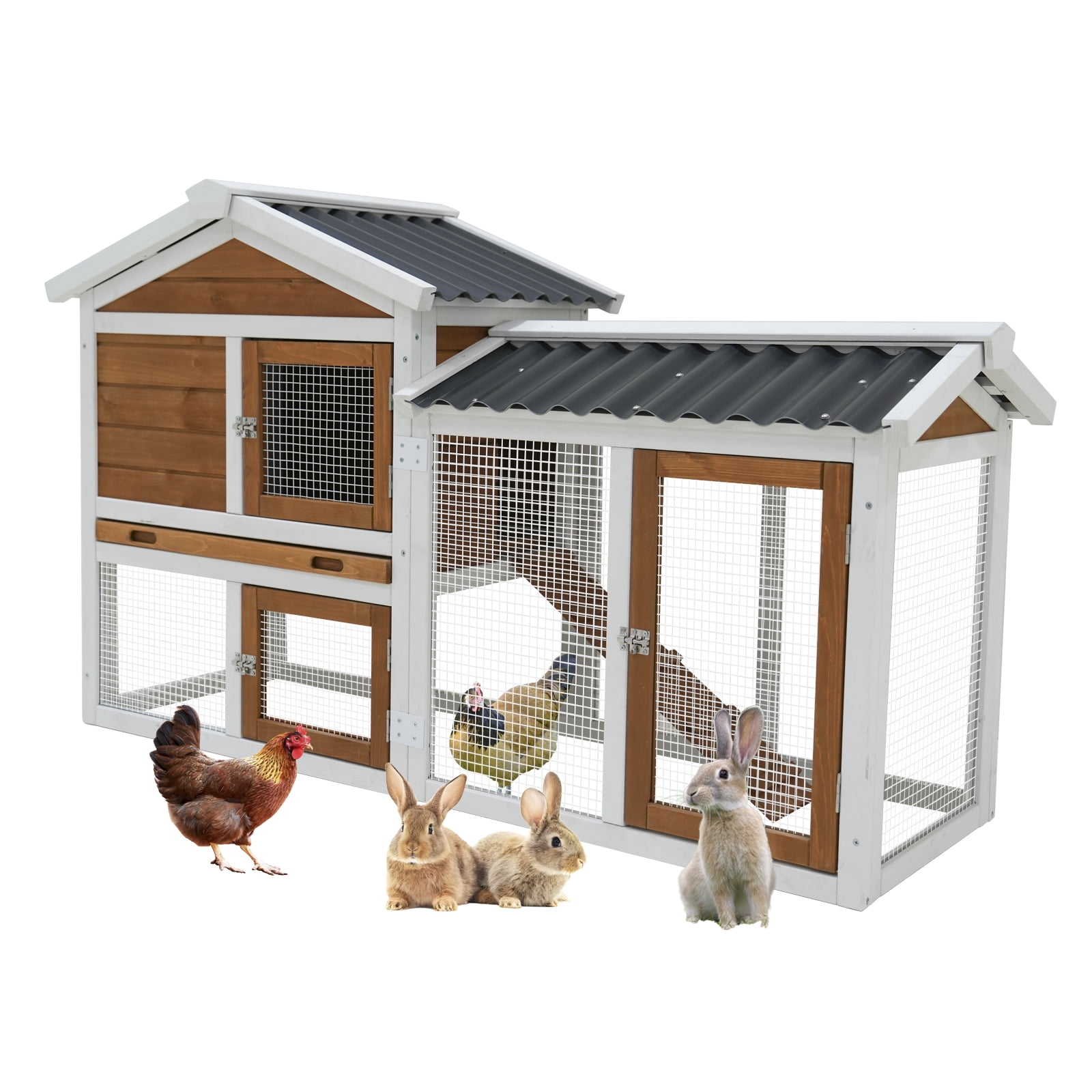 Wooden Rabbit Hutch, Waterproof Outdoor Indoor Pet Coop with PVC Roof, Stairs, Galvanized Cleaning Tray, Grid Fence, Small Animal Cage for Bunny Guinea Pig