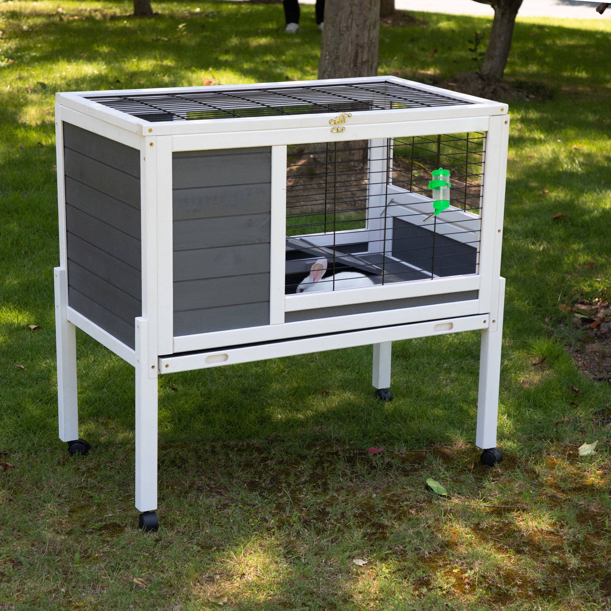 Wooden Rabbit Hutch with Wheels Indoor/Outdoor Pet House with Pull Out Tray Mobility and