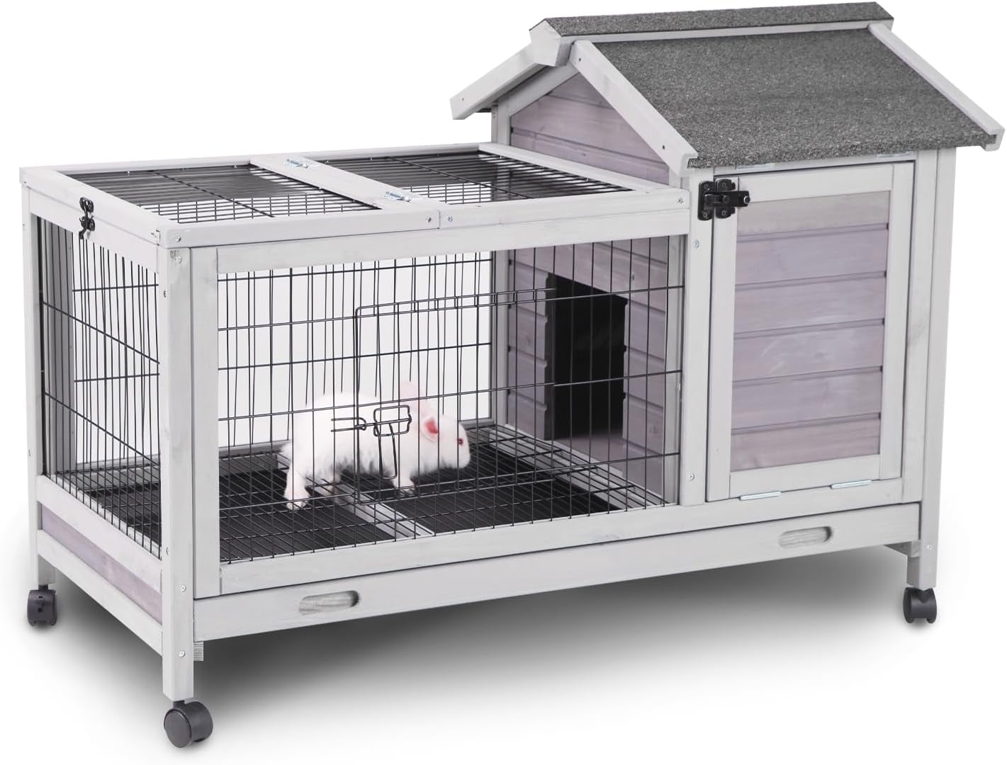 Wooden Rabbit Hutch with Removable Wire Floor Grid, Bunny Cage with Deeper Leakproof Tray 4 Wheels Include