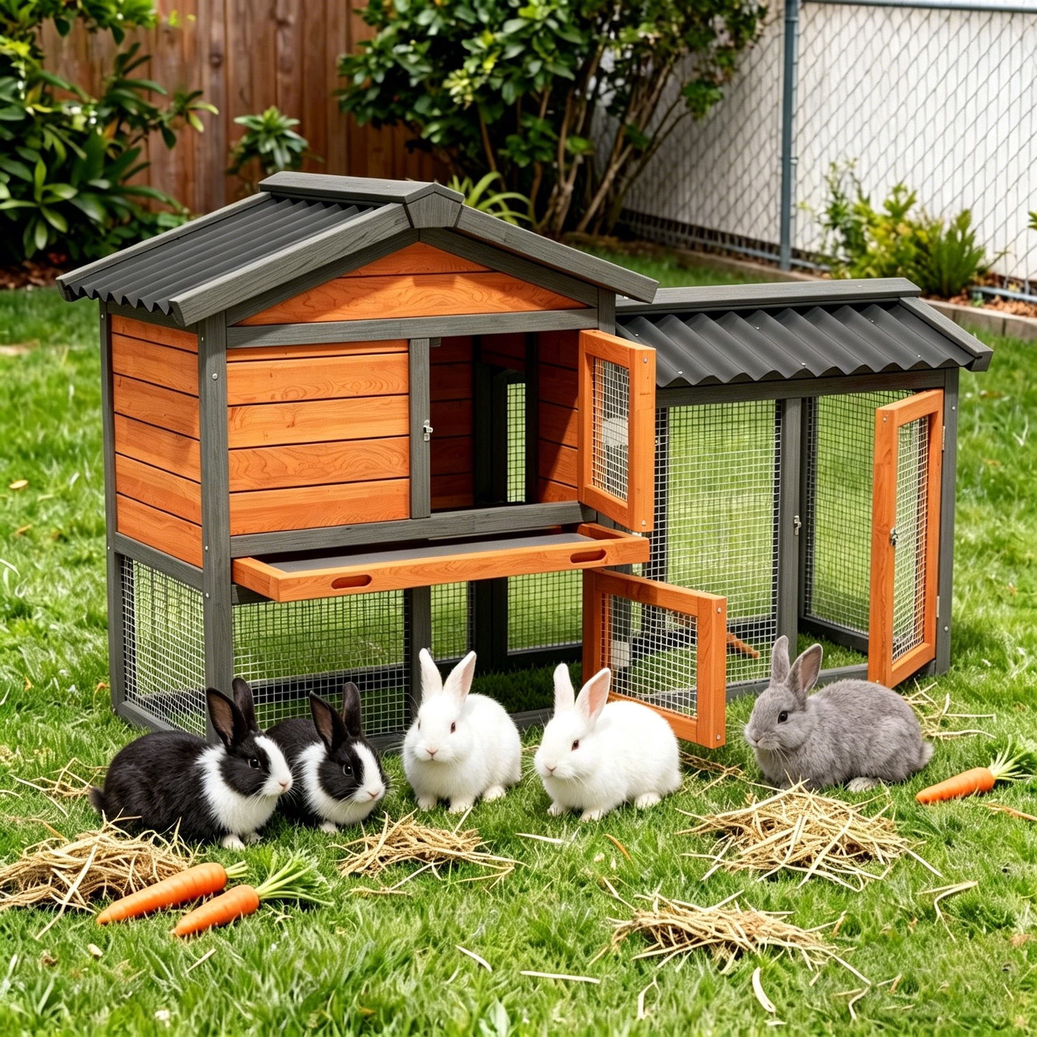Outdoor Wooden Rabbit Hutch with Run ,Weatherproof Bunny Cage with Predator resistant Wire Mesh,Orange with Black