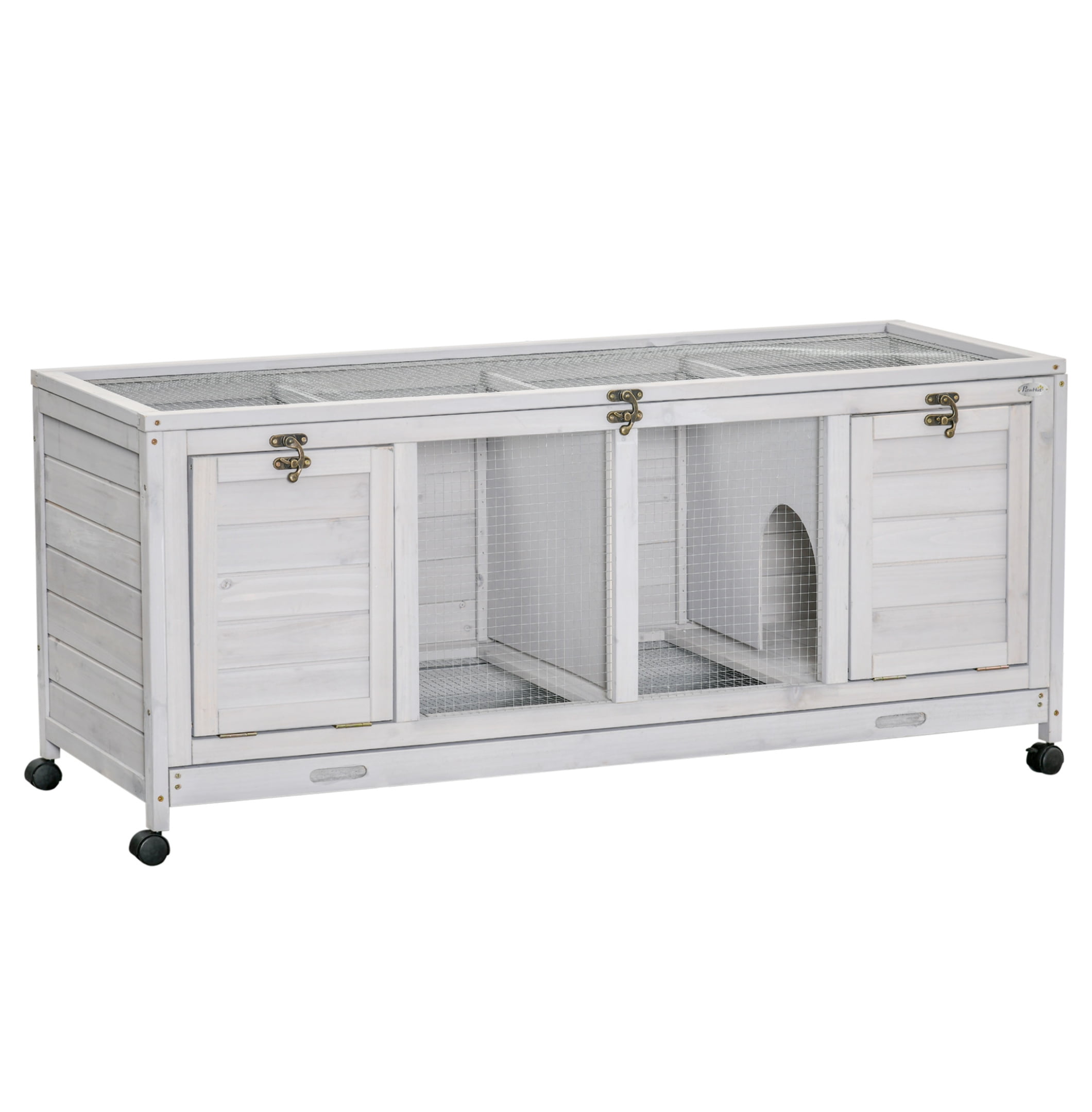 Wooden Rabbit Hutch with Wheels, Bunny Cage - 2 Story Indoor Outdoor Small Animal Habitat for 1-2 Rabbits - Light Gray