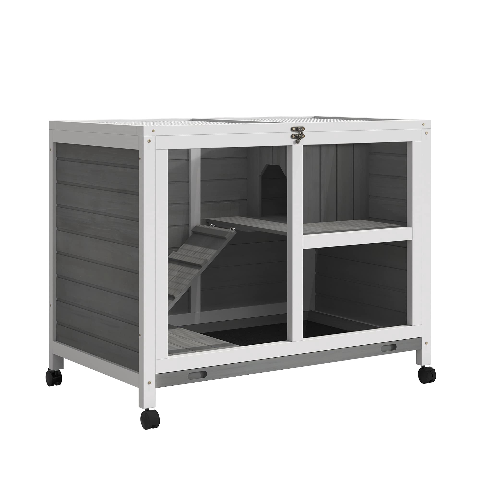 Wooden Rabbit Hutch with Wheels and Removable Tray, Waterproof Bunny Cage for Indoor Outdoor Use, Desk Side Table Sized with Openable Roof, Gray