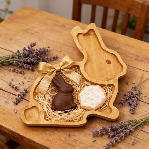 Wooden Rabbit and Carrot Shaped Serving Tray - Natural Wooden Appetizer Platter for Fruits and Snacks - Easter Themed Decorative Tableware Set