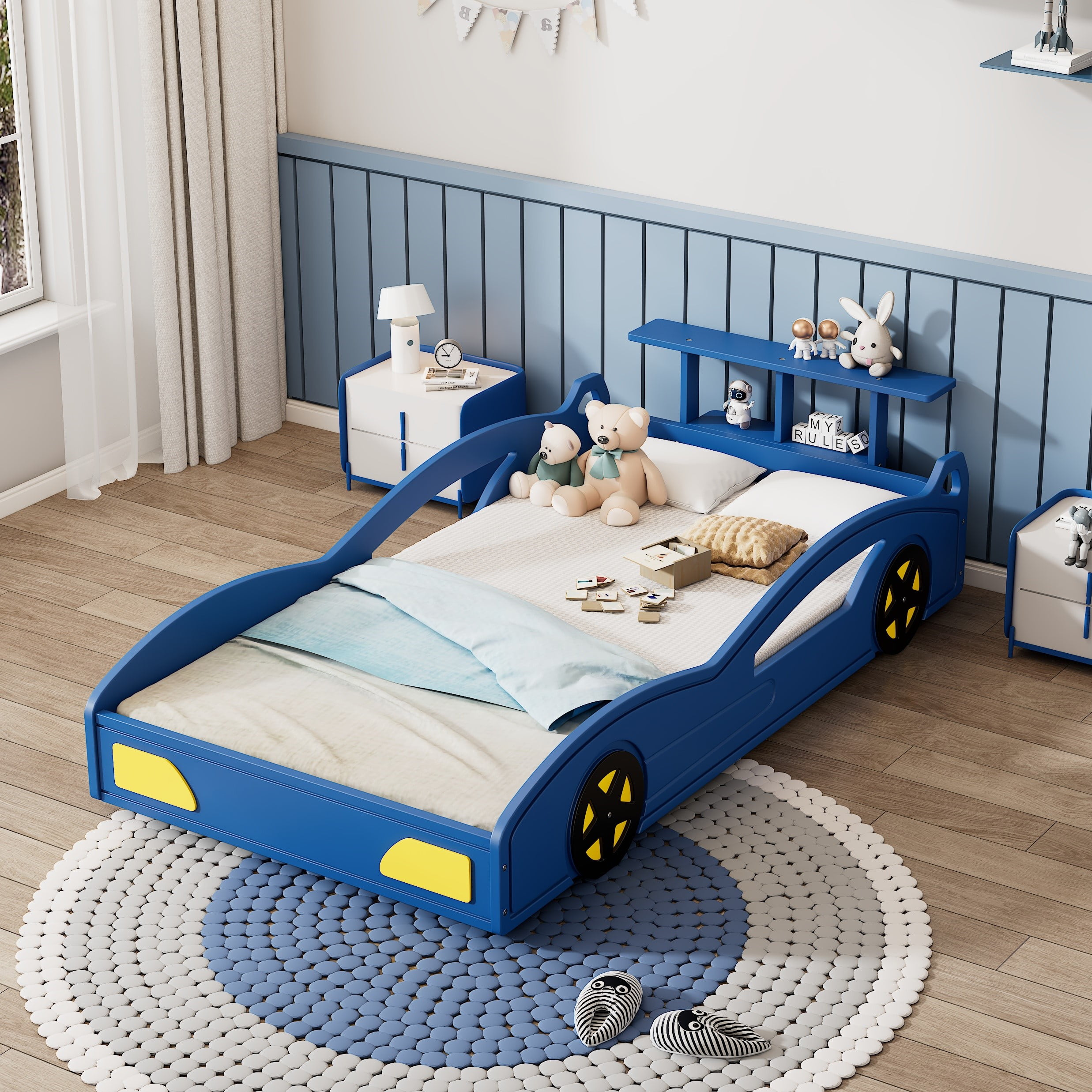 Wooden Race Car Bed, Car-Shaped Platform Twin Bed with Wheels For Teens, Blue & Yellow