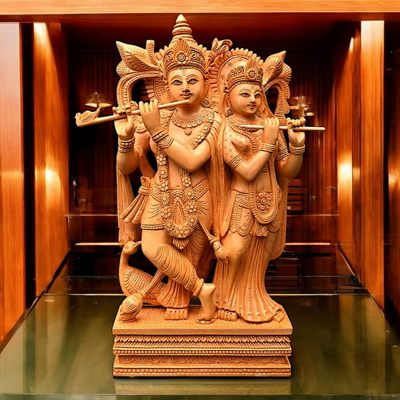 Wooden Radha Krishna Idol Statue, 12 x 6 x 2 Inch, Garden Statues, Collectibles, Gifts
