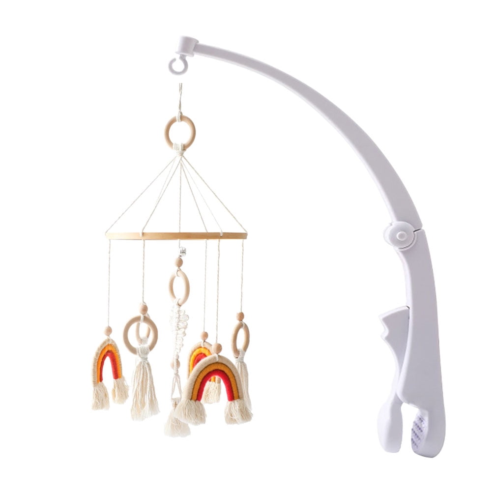 Wooden Rainbow Crib Mobile for Newborns, Baby Bed Hanging Bell with Tassels and Beech Wood Ring, Rotating Wind Chime for Infant Nursery Decoration and Sleep Soothing
