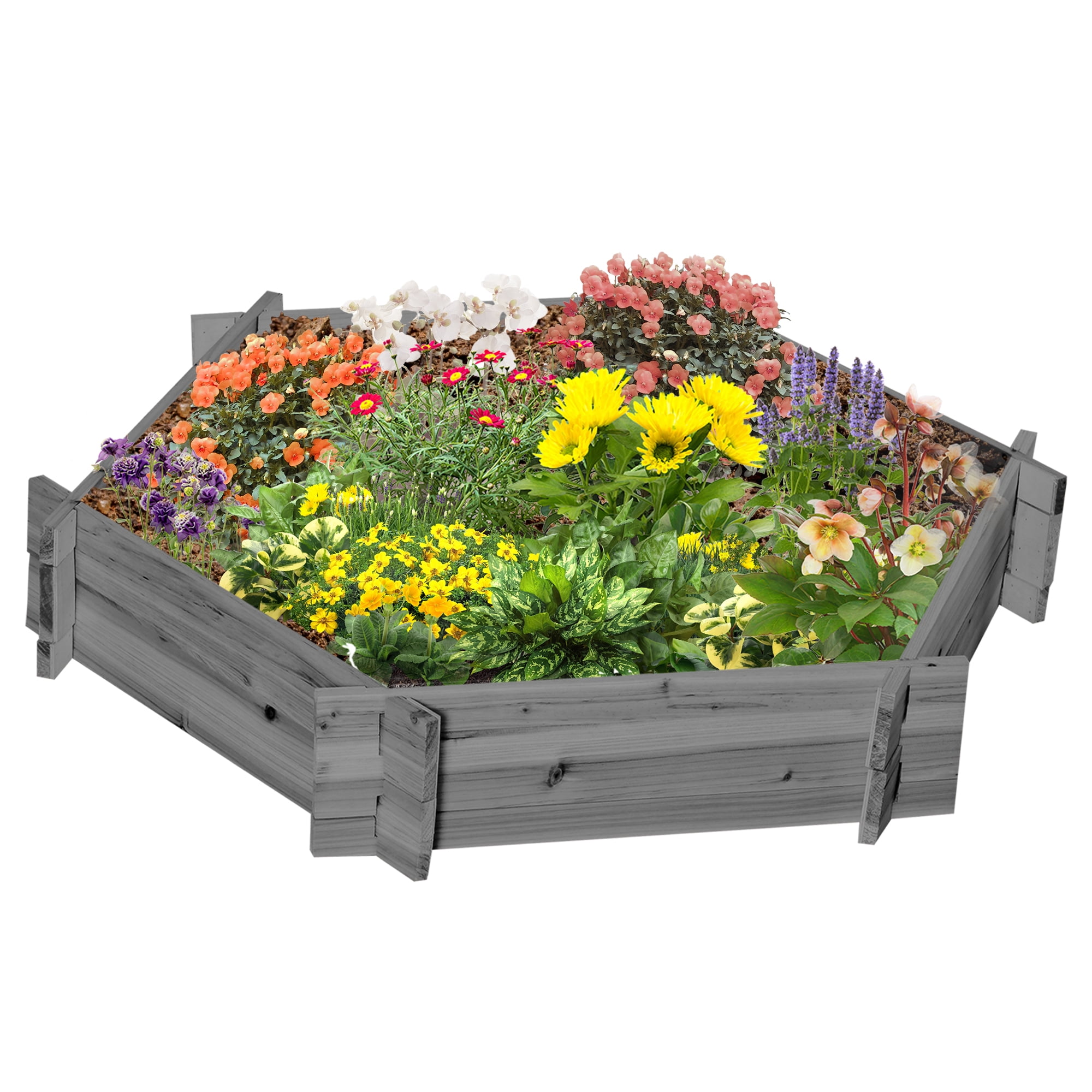 Wooden Raised Garden Bed, Hexagon Screwless Planters for Outdoor Plants, Vegetables, Flowers, Herbs, 39" x 36" x 6", Gray