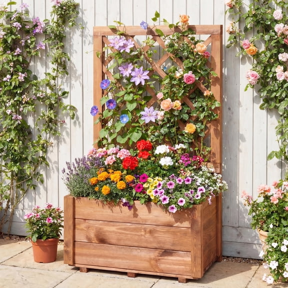 Wooden Raised Garden Bed with Lattice Trellis, Orange Pine Wood Elevated Planter Box with Bottom Drainage Holes for Climbing Plants Vegetables Herbs Patio Balcony Garden