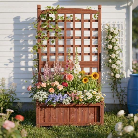 Wooden Raised Garden Bed with Trellis 24.811.850.0 in, Mobile Planter Box with Lockable Wheels, Fir Wood Vertical Planter for Climbing Plants, Privacy Screen for Patio Balcony Deck
