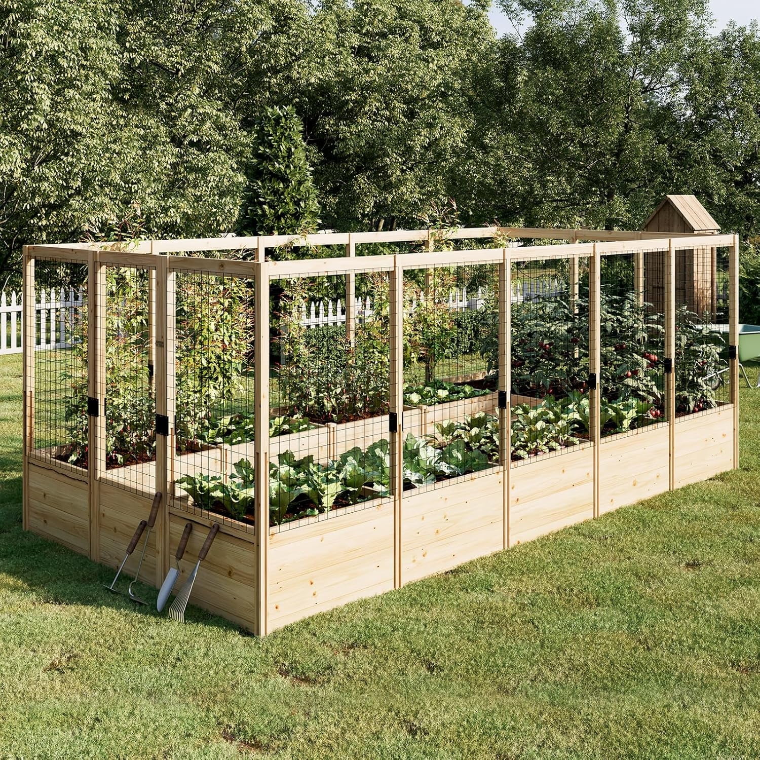 Jocisland Wooden Raised Garden Bed for Outdoor, Deep Large Planter Box with Netting for Gardening, Vegetables, Herbs（8× 15× 6FT）