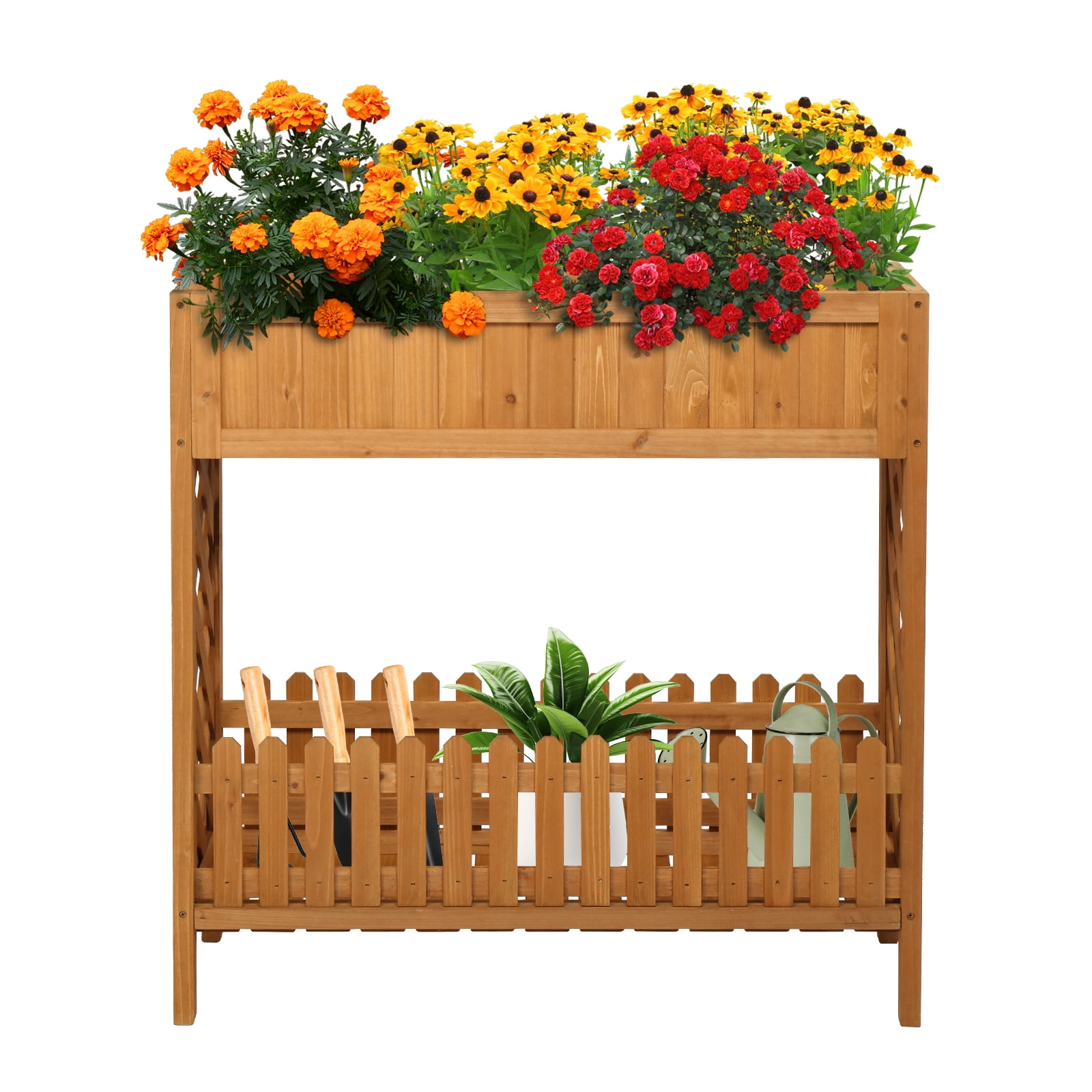 Planting Storage Box Wooden Raised Garden Bed with Storage Shelf, Elevated Planting Box ...
