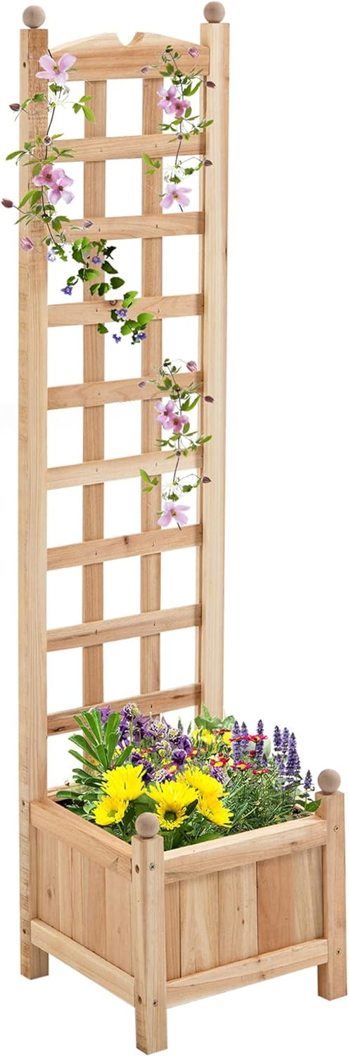 Natural Wood Raised Garden Bed with Trellis for Climbing Plants