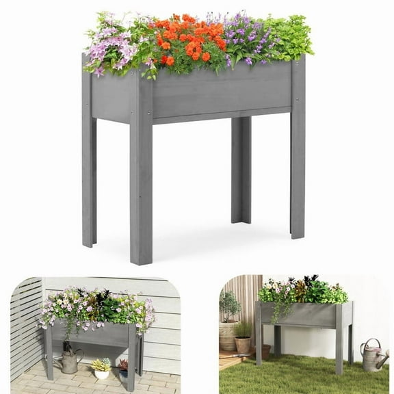 Wooden Raised Garden Bed with legs, Outdoor Standing planter box for Vegetables, Flowers, Grass, Stand up garden planter box(Grey,31*16*30in)
