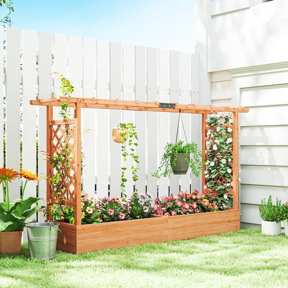 Wooden Raised Planter Box with Arched Trellis Hanging Roof & Drainage Holes Outdoor Garden Bed for Climbing Plants Vegetables Herbs & Flowers Natural Fir Wood