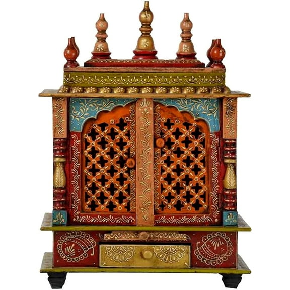 Wooden Rajisthani Handpainted Mandir / Temple With Doors And Cabinets / Wall Hanging Mandir / Hindu Temple / Wooden Temple / Pooja Ghar