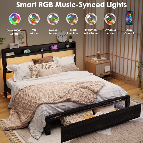 Wooden Rattan Bed Frame Bohemian with Storage LED Lights, Cane Headboard Charging Station Wooden Slats No Box