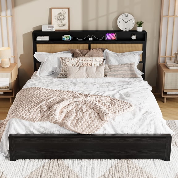 Wooden Rattan Bed Frame Bohemian with Storage LED Lights, Cane Headboard Charging Station Wooden Slats No Box