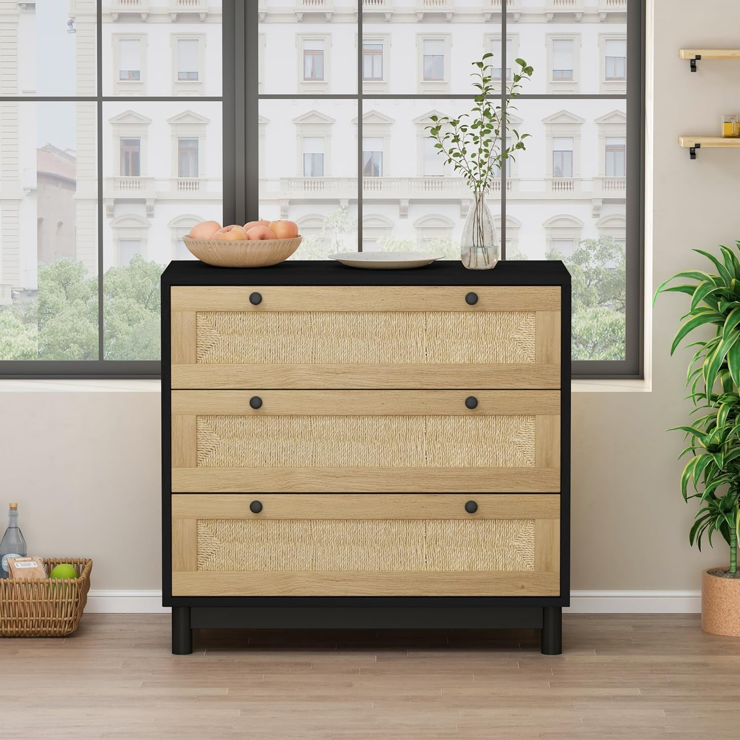 Wooden Rattan Dresser Chest of Drawers with Metal Handles, Boho ...