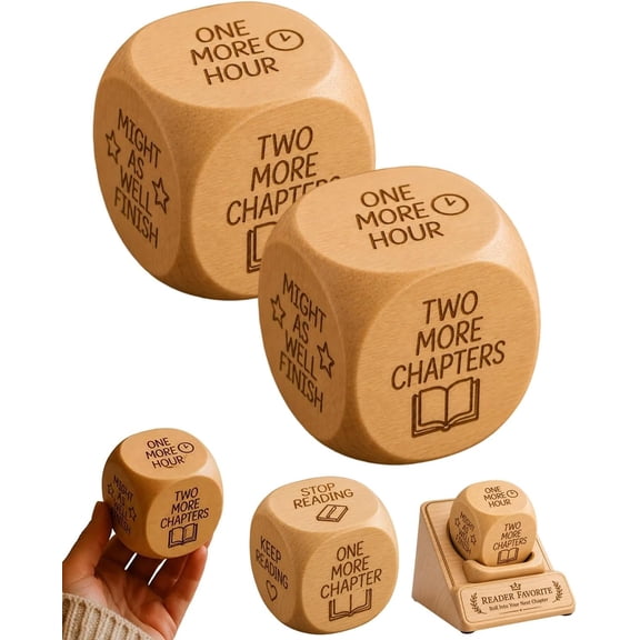 Wooden Reading Decision Dice Book Lover Gifts One More Chapter Keep Going Fun Bookish Desk Decor Natural Wood Cube Accessory Novel Reader Club Stocking Stuffer Teacher Librarian(2pcs)