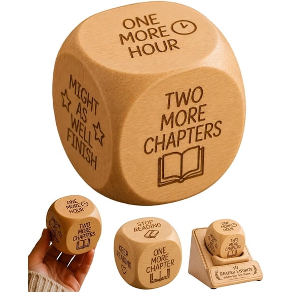 Wooden Reading Decision Dice Book Lover Gifts One More Chapter Keep Going Fun Bookish Desk Decor Natural Wood Cube Accessory Novel Reader Club Stocking Stuffer Teacher Librarian(1pcs)