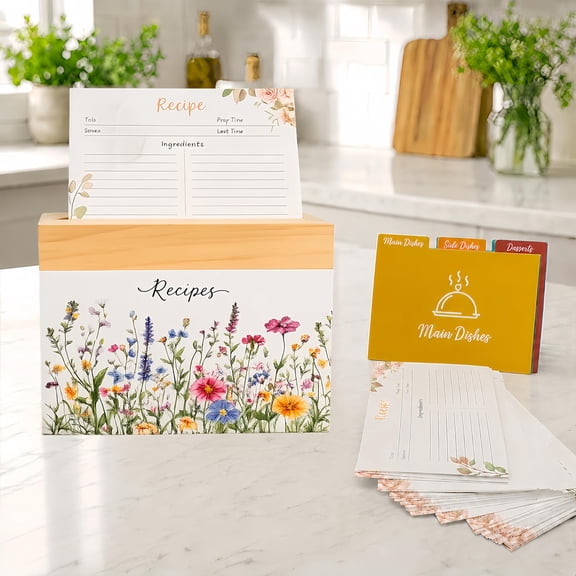 Wooden Recipe Box With 4x6 Cards and Dividers For Kitchen Organizer | 50 pcs 4x6 Floral Card,6 Dividers, Floral Design,Rustic Farmhouse Style,Keep Favorite Family Recipes for Years to Come