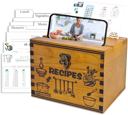 Smart Recipe Box Wooden Recipe Box with Cards and Dividers, 4x6 Recipe Card Box Set ...