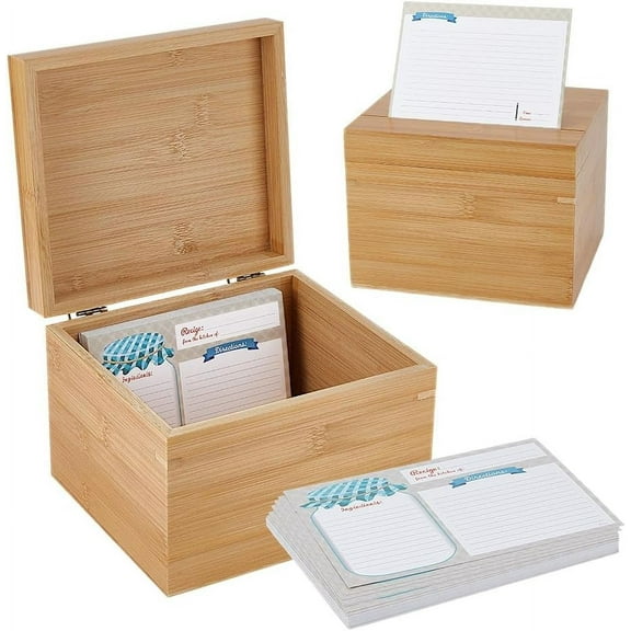 Wooden Recipe Box Recipe Card Holder Box with 50 pcs Blank Recipe Cards Flip Cover Wooden Box for Home Kitchen Storage 6.38x7.13x5.31inch Tan