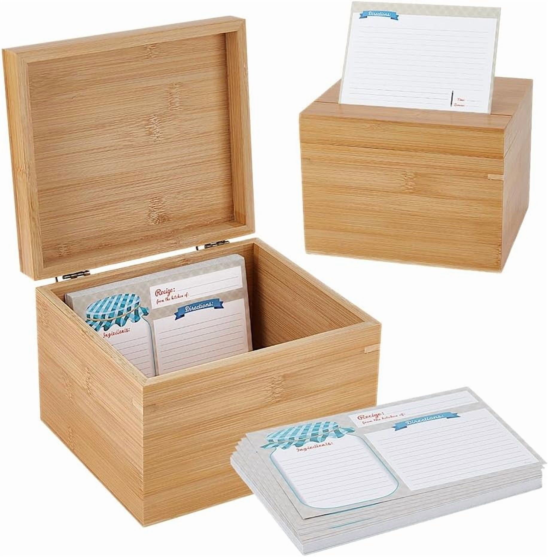 Wooden Recipe Box Recipe Card Holder Box with 50 pcs Blank Recipe Cards Flip Cover Wooden Box