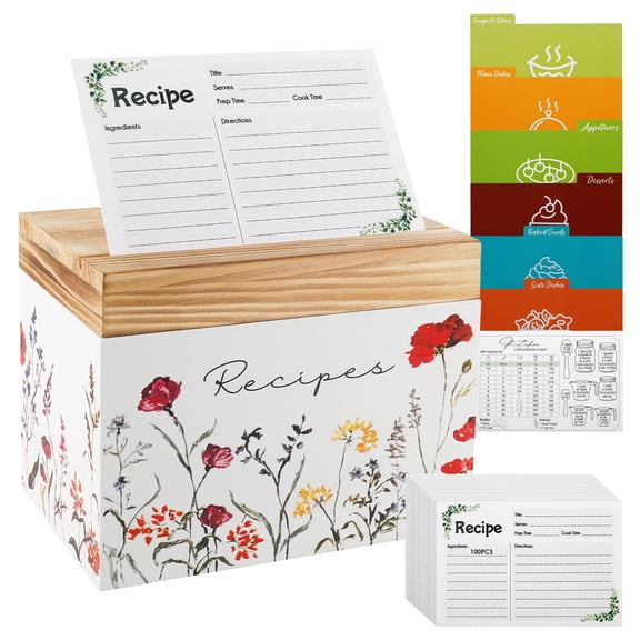 Wooden Recipe Box with 107 Cards and Dividers Vintage Recipe Card Holder Box Set with Slot for Cooking Lovers Kitchen