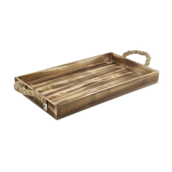 Wooden Rectangular Tray With Rope Side Handles - Brown