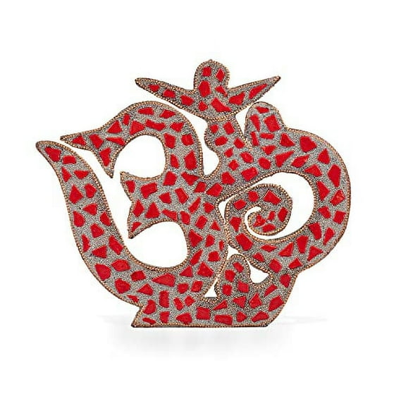 Wooden Red Om Symbol Wall Decoration With Red Stone Work Hand Decorated Om Wall Hanging for Living Room Bed Room Temple Yoga Room Religious Gift (Size:- 8" X 10")