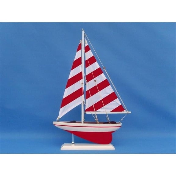 Wooden Red Striped Pacific Sailer Model Sailboat Decoration- 17 in.
