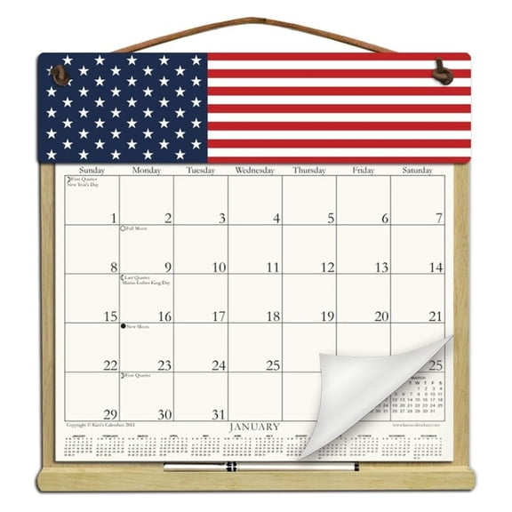 Wooden Refillable Calendar Holder filled with a 2024 calendar and includes an order form page for 2025-AMERICAN FLAG