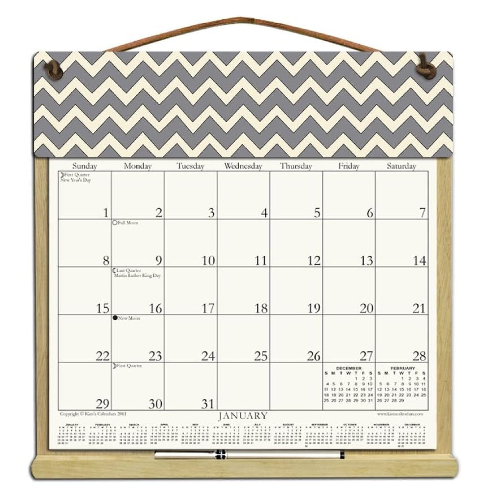 Wooden Refillable Calendar Holder filled with a 2024 calendar and
