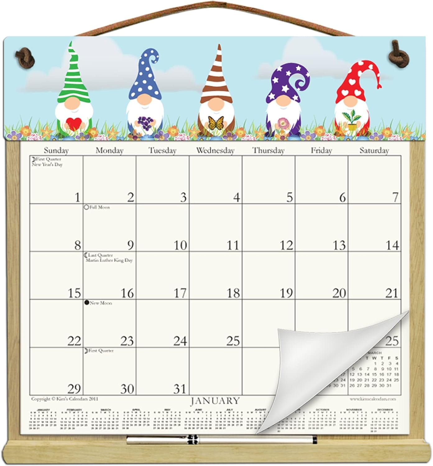 Wooden Refillable Gnomes Calendar Holder filled with a 2025 calendar