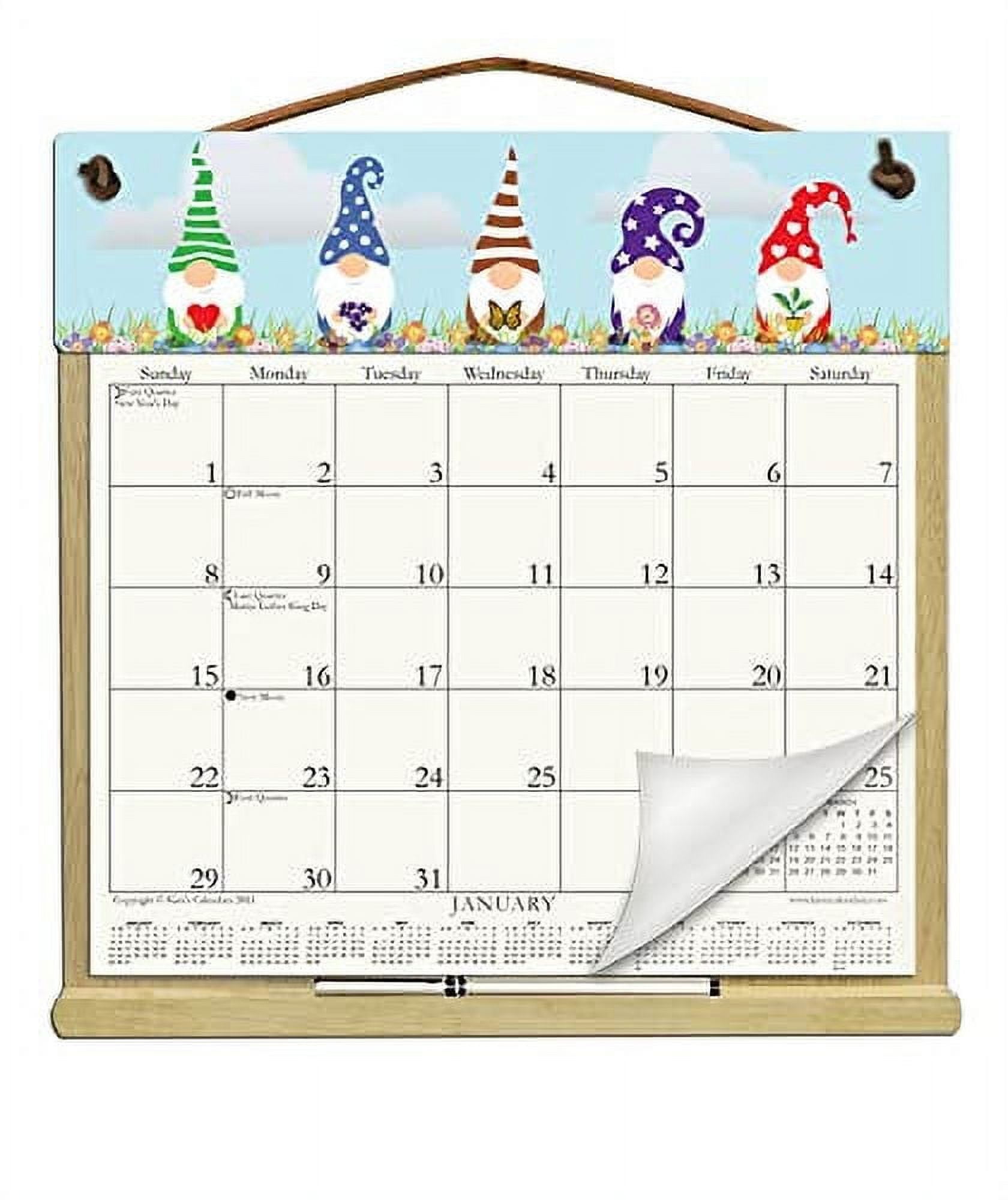 Wooden Refillable Gnomes Calendar Holder filled with a 2025 calendar