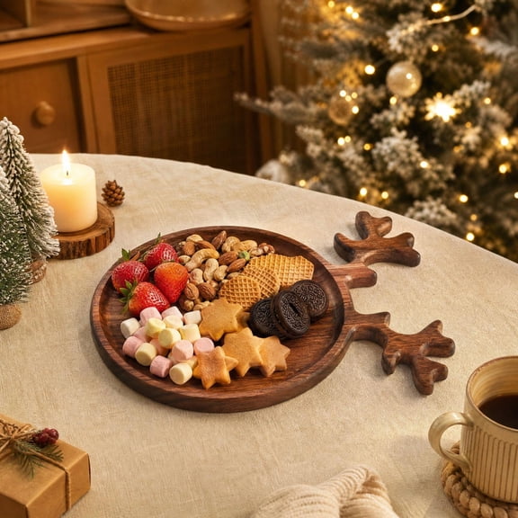 Wooden Reindeer Platter Charcuterie Boards, Acacia Wood Christmas Cutting Board Holiday Serving Tray, Winter Cheese Board, Wooden Christmas Platter & Kitchen Decor(B)