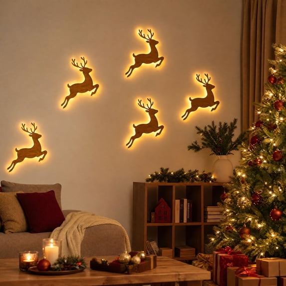 Wooden Reindeer Wall Lamp,Warm LED Backlit Hanging Night Light,Christmas Wall Art Ornament for Living Room Bedroom Holiday Decor,Easy Mount