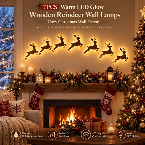 Wooden Reindeer Wall Lamp, Warm LED Backlit Wall Hanging Decorative Night Light, Christmas Wall Decor for Living Room, Bedroom, Fireplace, Brown-7pcs-5in