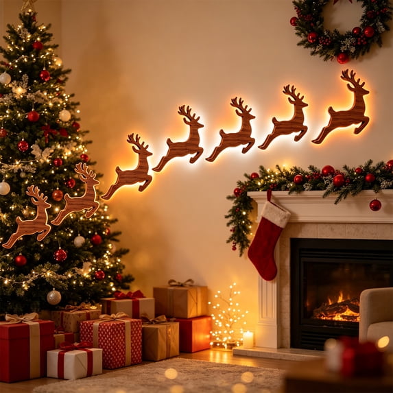 Wooden Reinder LED Wall Decor, Backlit Warm Light Christmas Deer WallArt Christmas Wall Hanging Ornament For Home Decoration(5Pcs)